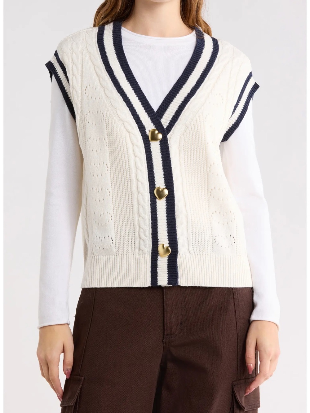 Vigoss Cream Cable Knit Vest with Navy Trim and Heart Buttons